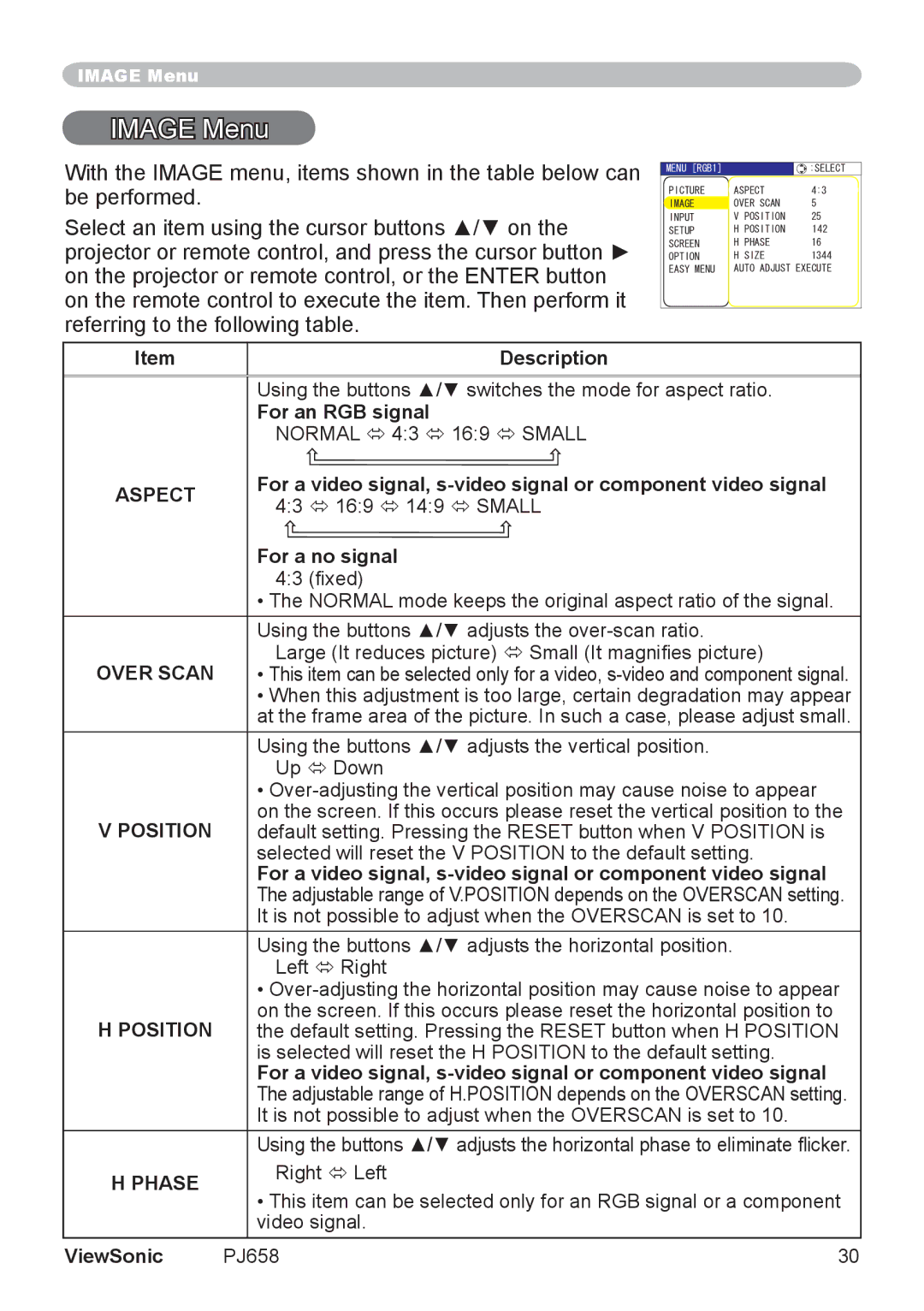 ViewSonic PJ658 manual Image Menu, Over Scan, Position, Phase 