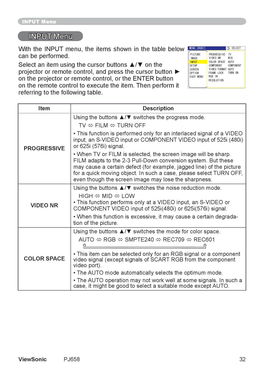 ViewSonic PJ658 manual Input Menu, Progressive, Video NR, Color Space 