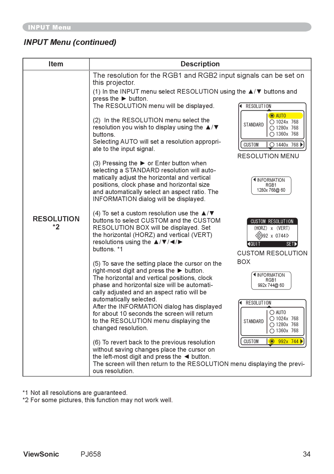 ViewSonic PJ658 manual Custom Resolution BOX 