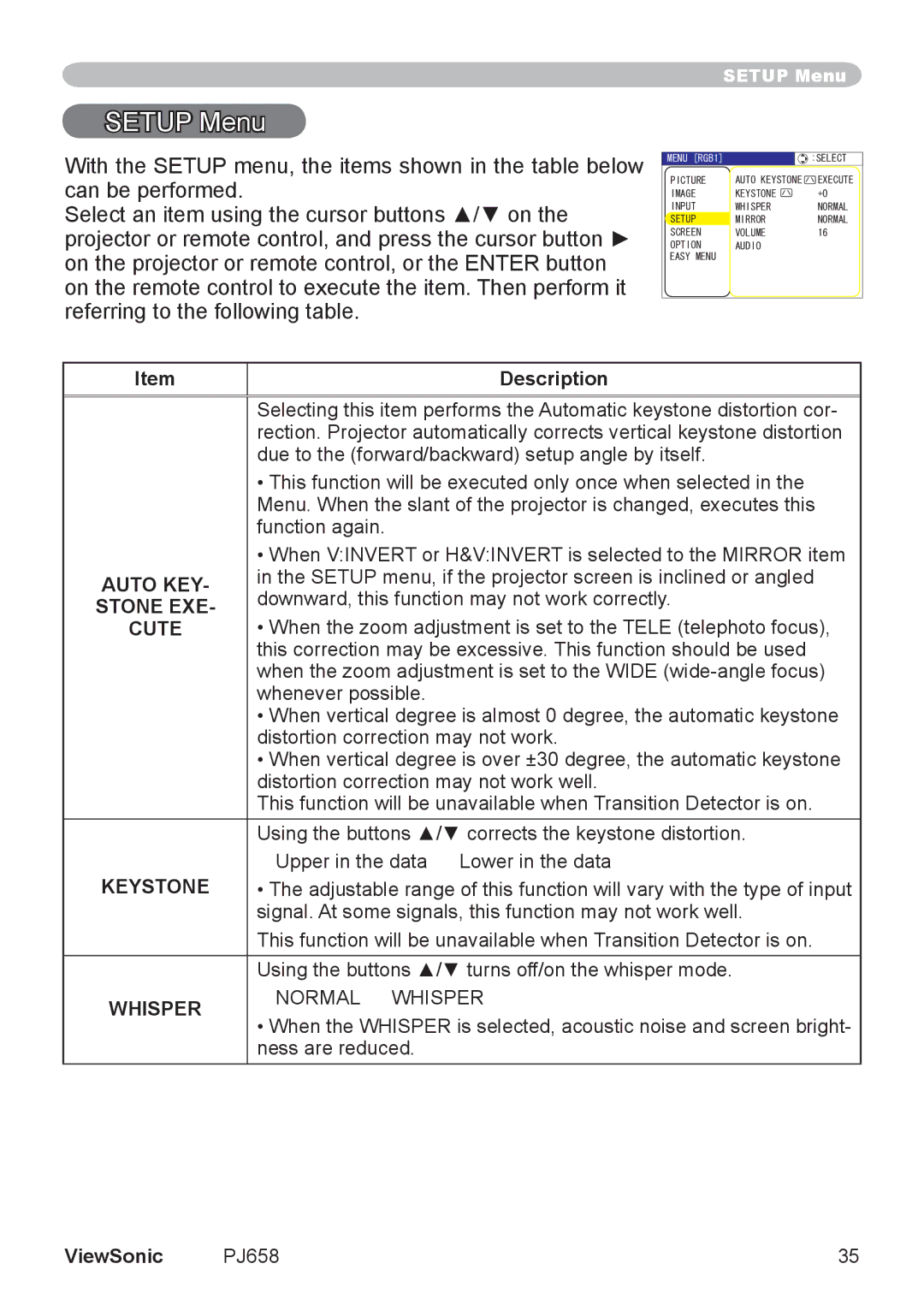 ViewSonic PJ658 manual Setup Menu, Normal  Whisper 