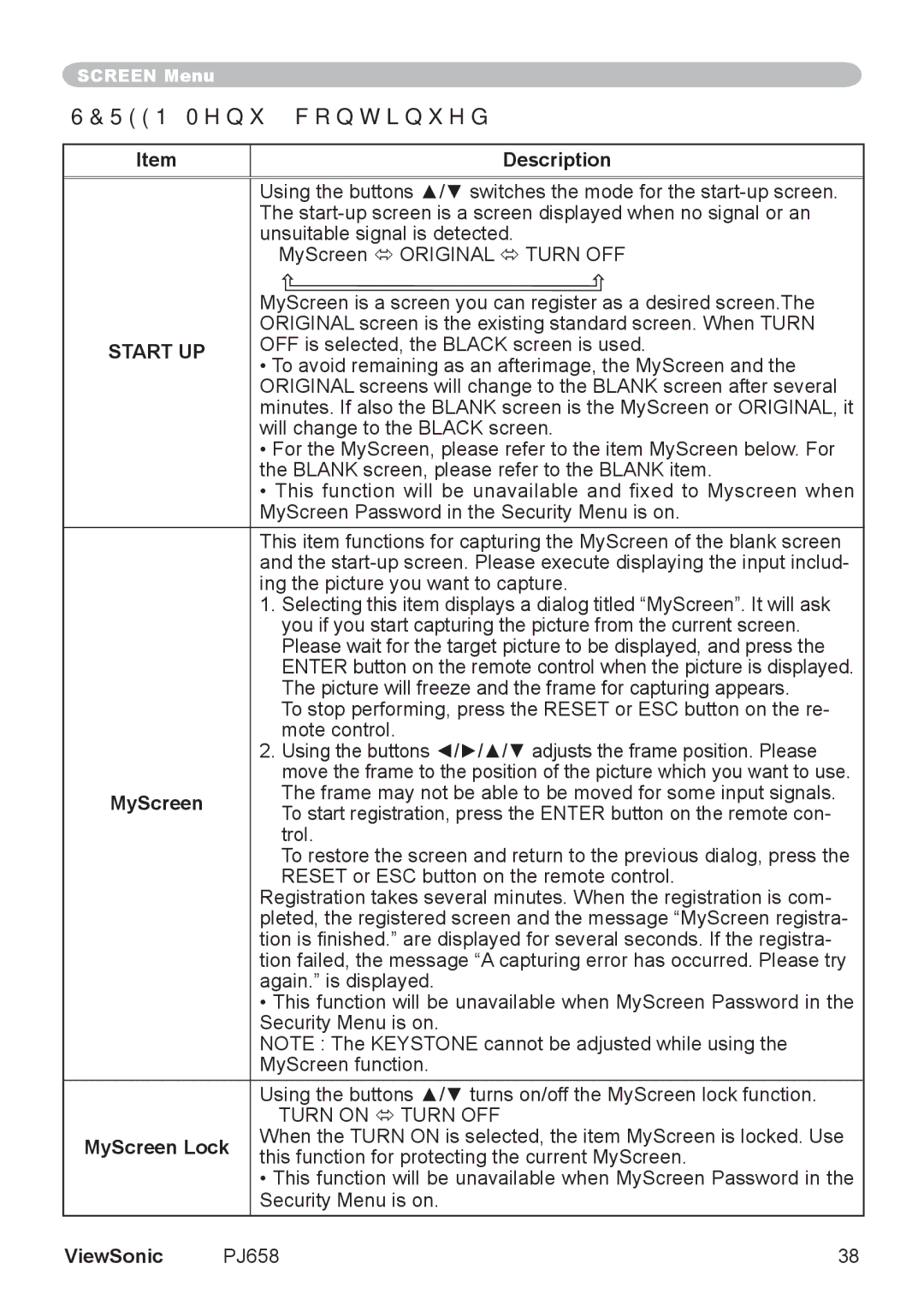 ViewSonic PJ658 manual Screen Menu, Start UP, MyScreen Lock 