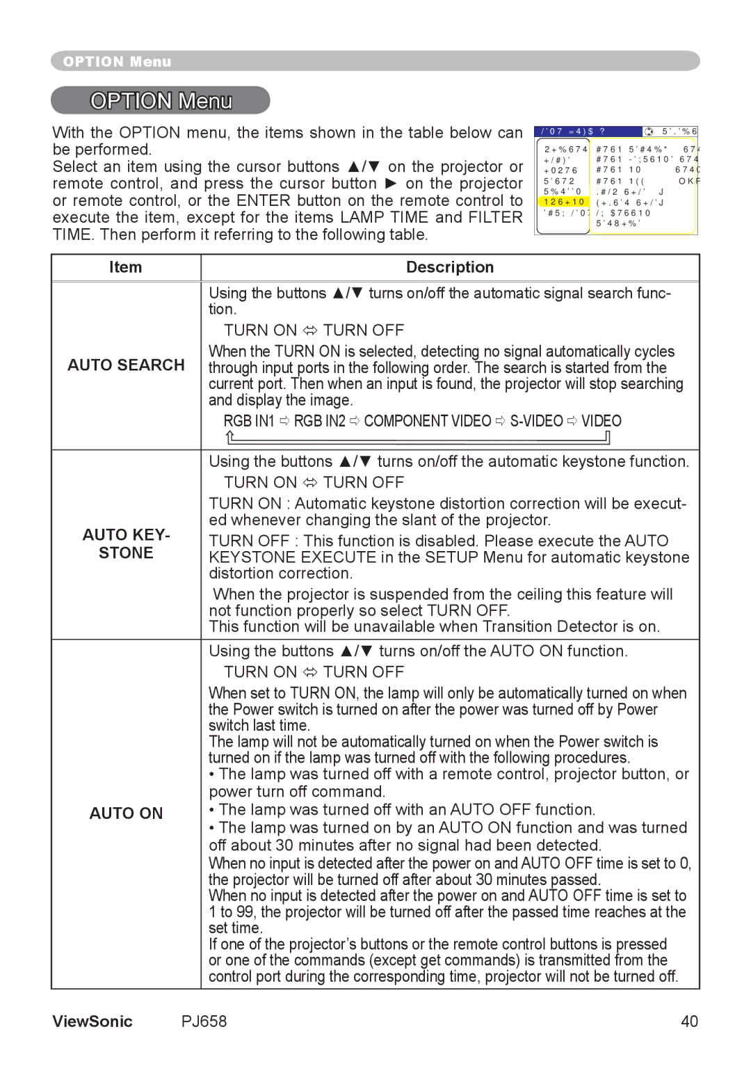 ViewSonic PJ658 manual Option Menu, Auto Search, Stone, Auto on 