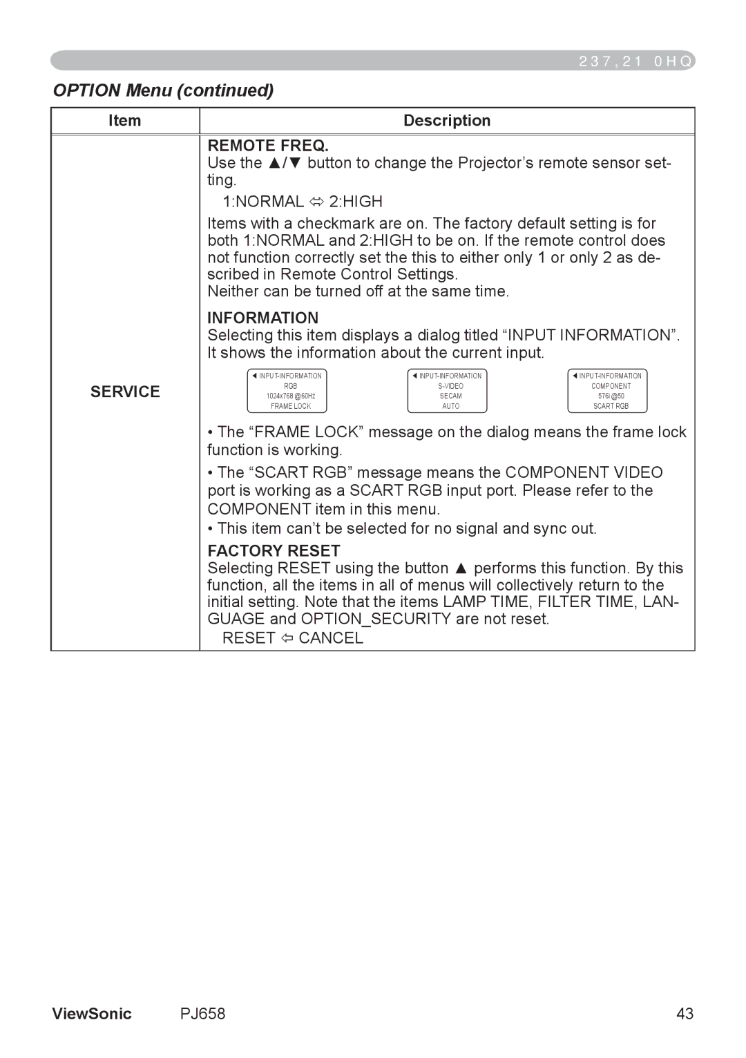 ViewSonic PJ658 manual Remote Freq, 1NORMAL  2HIGH, Information, Factory Reset 