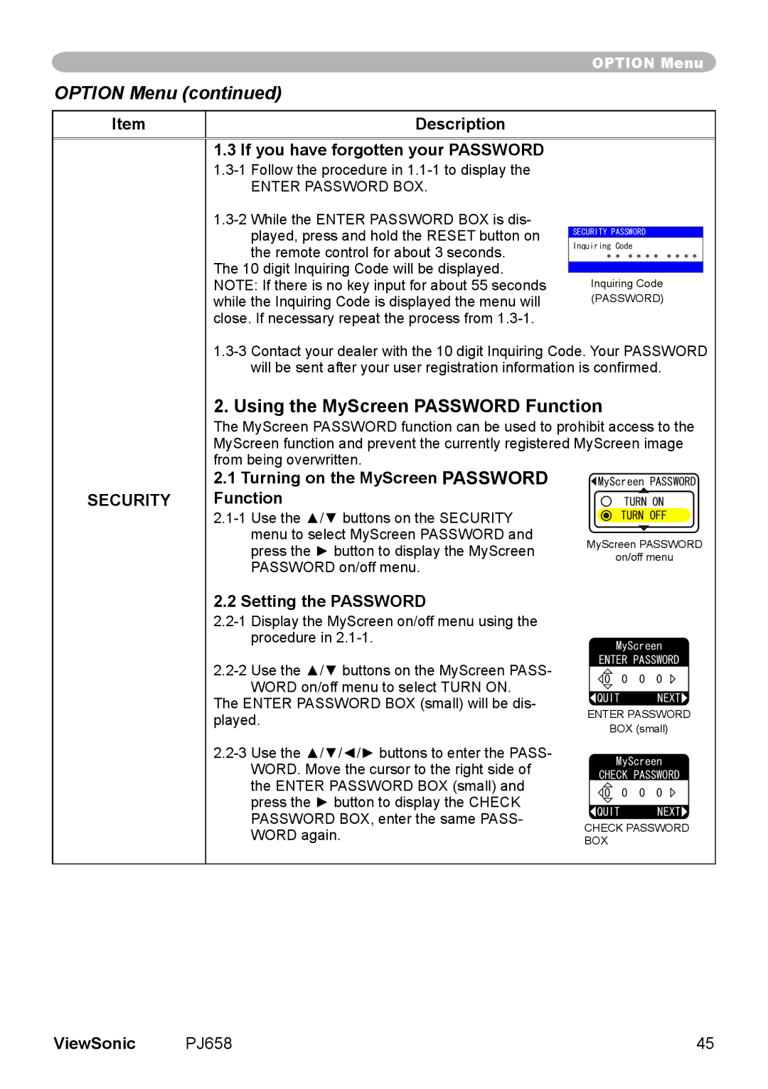 ViewSonic PJ658 manual Using the MyScreen Password Function, Description If you have forgotten your Password 