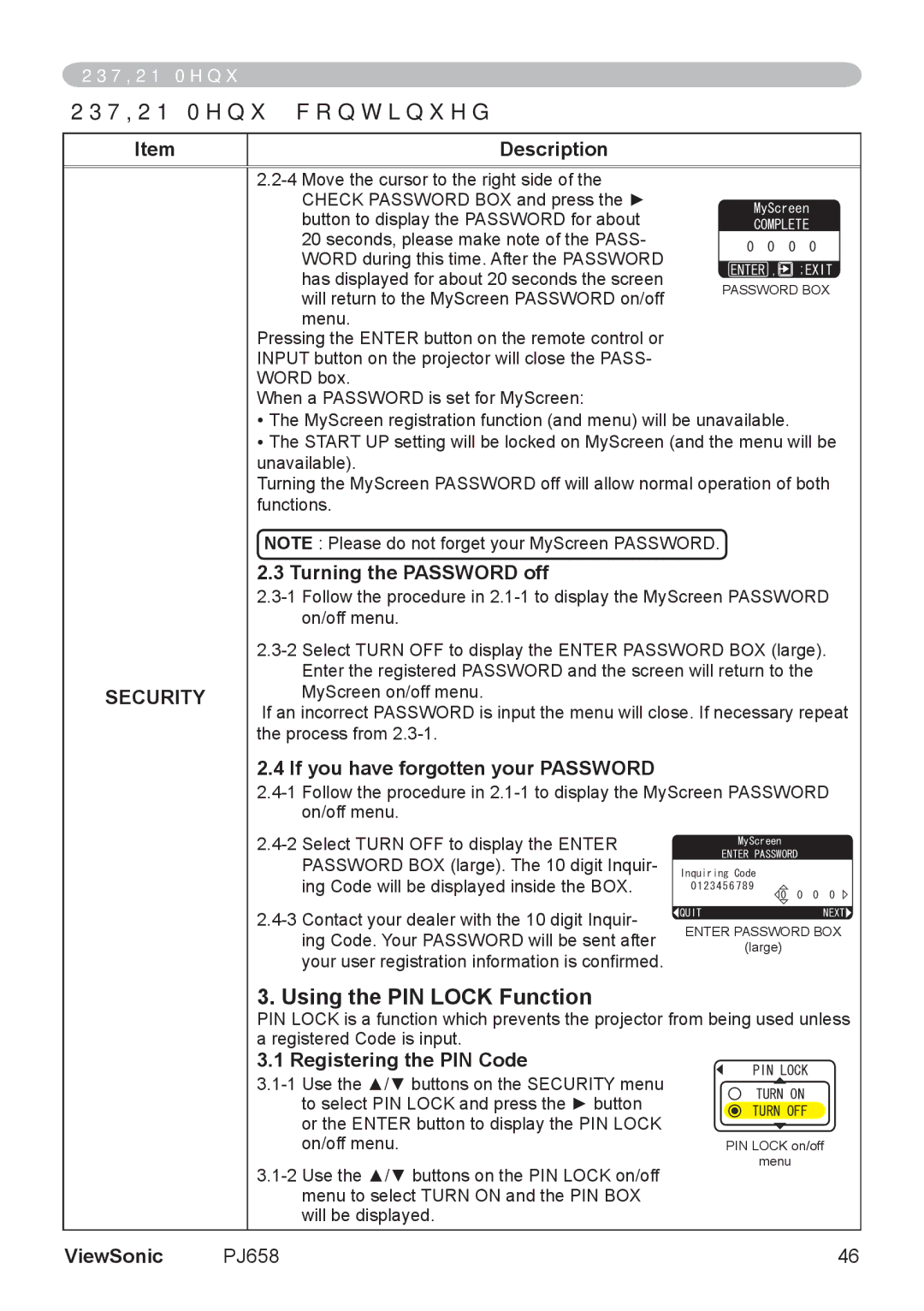 ViewSonic PJ658 manual Using the PIN Lock Function, Turning the Password off, Registering the PIN Code 