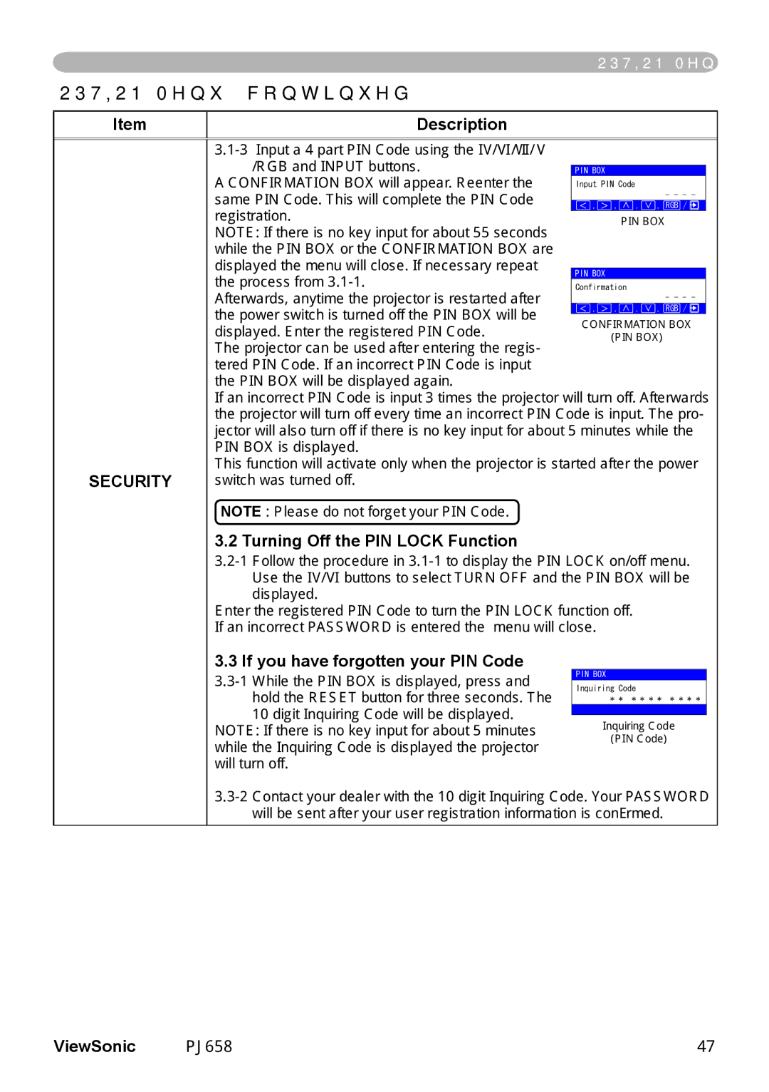 ViewSonic PJ658 manual Turning Off the PIN Lock Function, If you have forgotten your PIN Code 