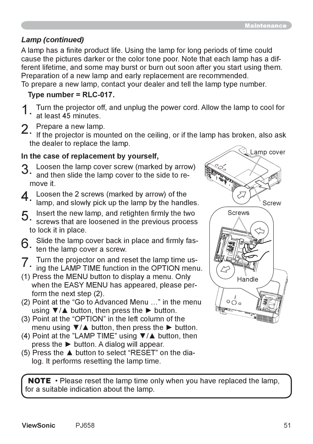 ViewSonic PJ658 manual Type number = RLC-017, Case of replacement by yourself, Lamp cover Screw Screws, Handle 