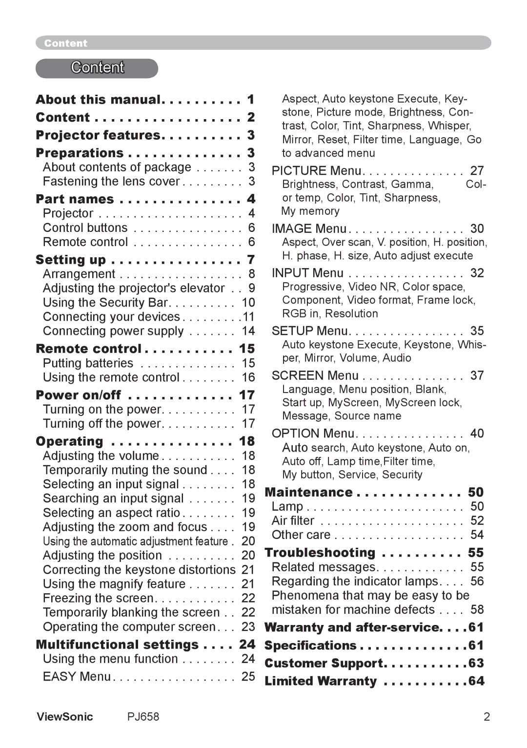 ViewSonic PJ658 manual Content 