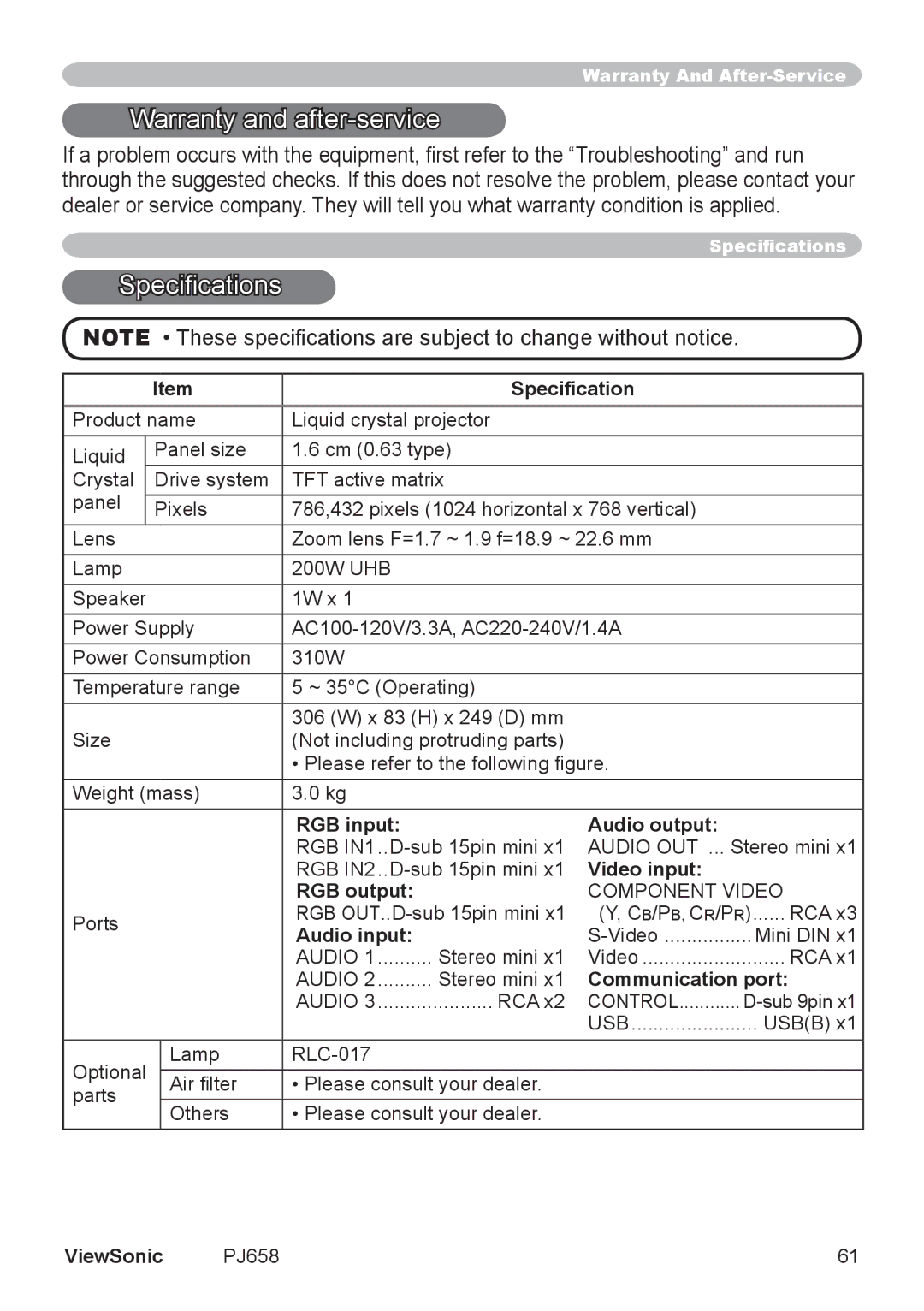 ViewSonic PJ658 manual Warranty and after-service, Speciﬁcations 