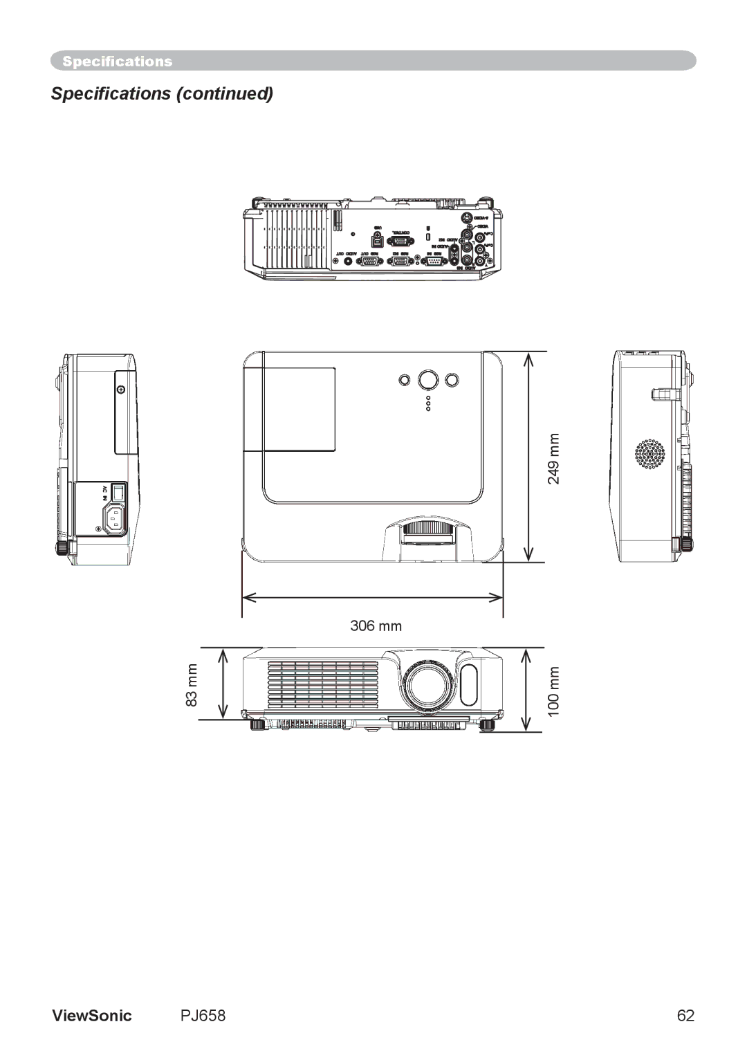 ViewSonic PJ658 manual Speciﬁcations 