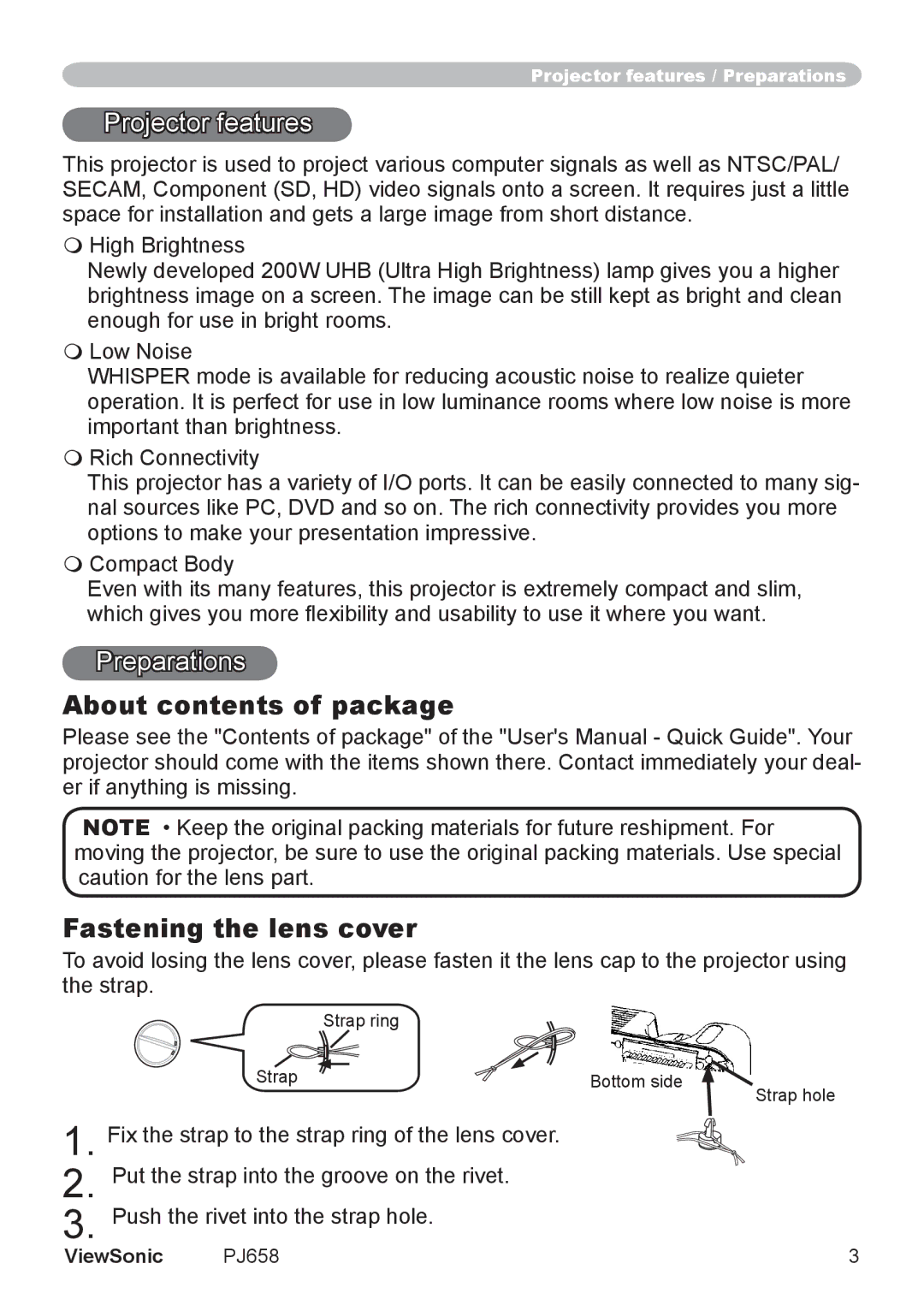 ViewSonic PJ658 manual About contents of package Fastening the lens cover 