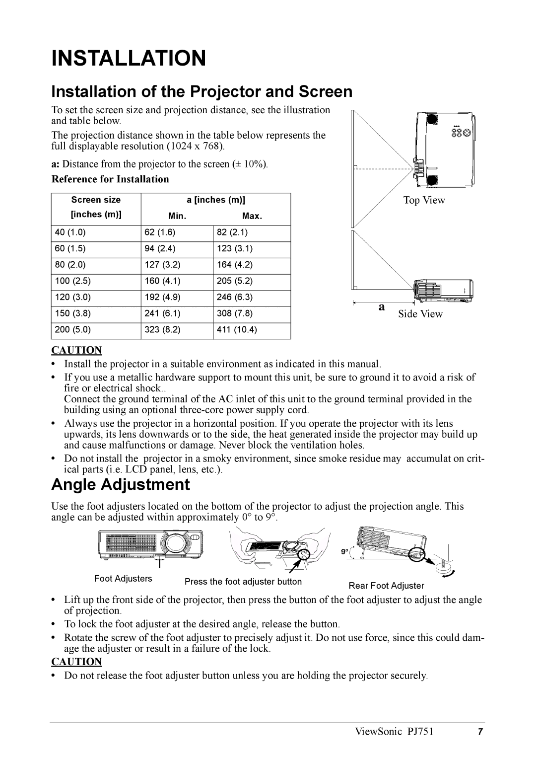 ViewSonic PJ751 manual Installation of the Projector and Screen, Angle Adjustment, Reference for Installation 