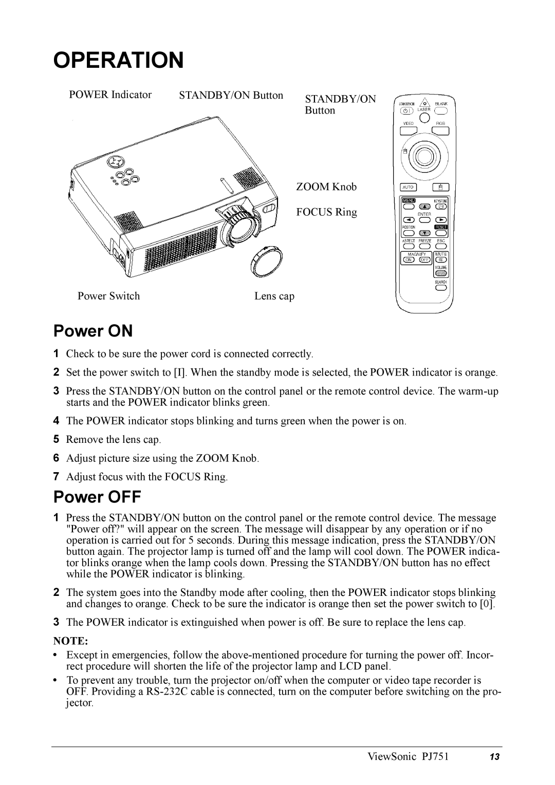 ViewSonic PJ751 manual Operation, Power on, Power OFF 