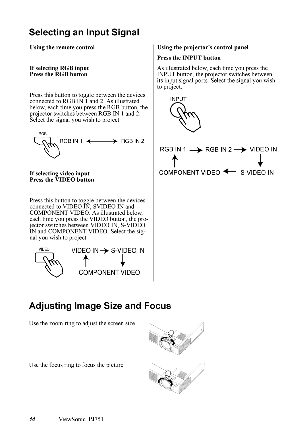 ViewSonic PJ751 Selecting an Input Signal, Adjusting Image Size and Focus, If selecting video input Press the Video button 