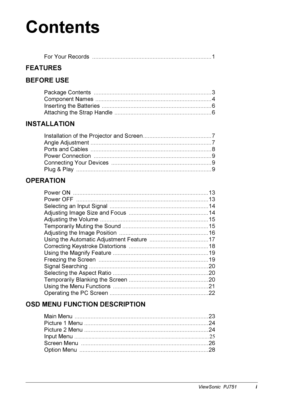 ViewSonic PJ751 manual Contents 