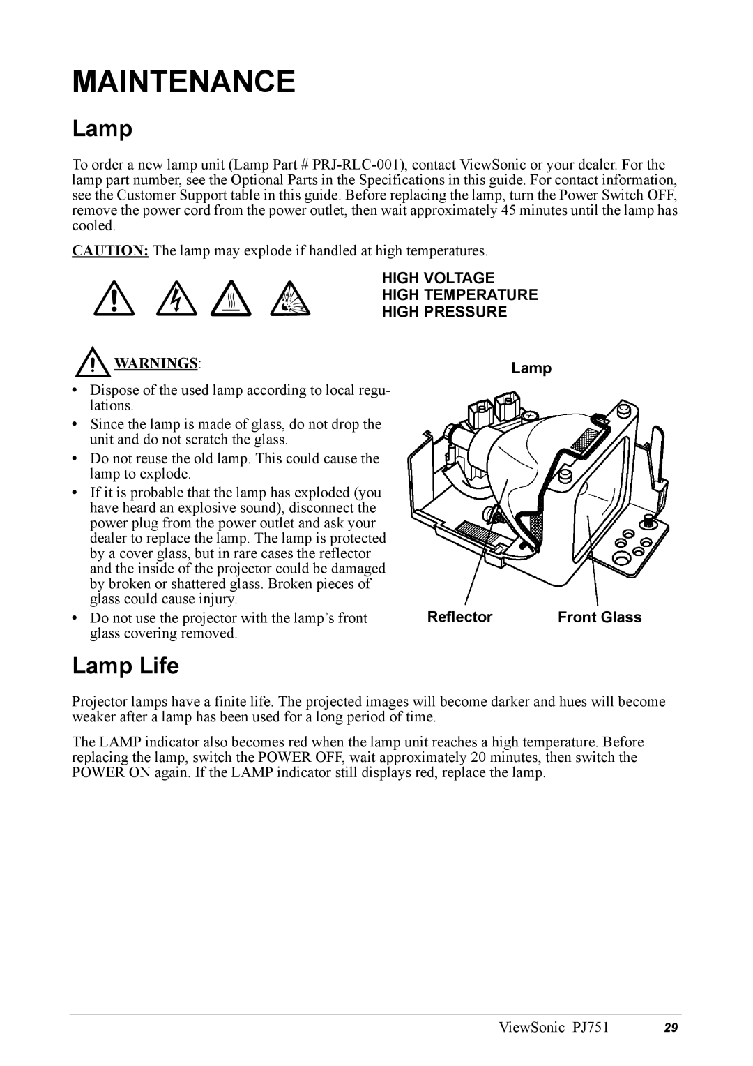 ViewSonic PJ751 manual Maintenance, Lamp Life 