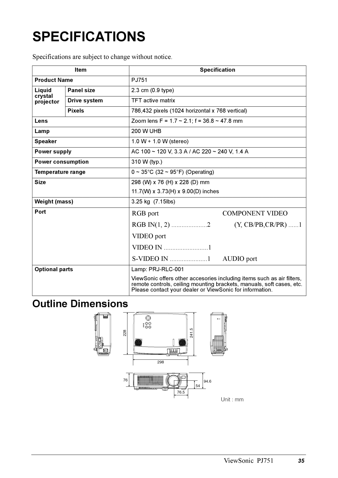 ViewSonic PJ751 manual Specifications, Outline Dimensions, RGB port, RGB IN1, 2 CB/PB,CR/PR Video port Audio port 