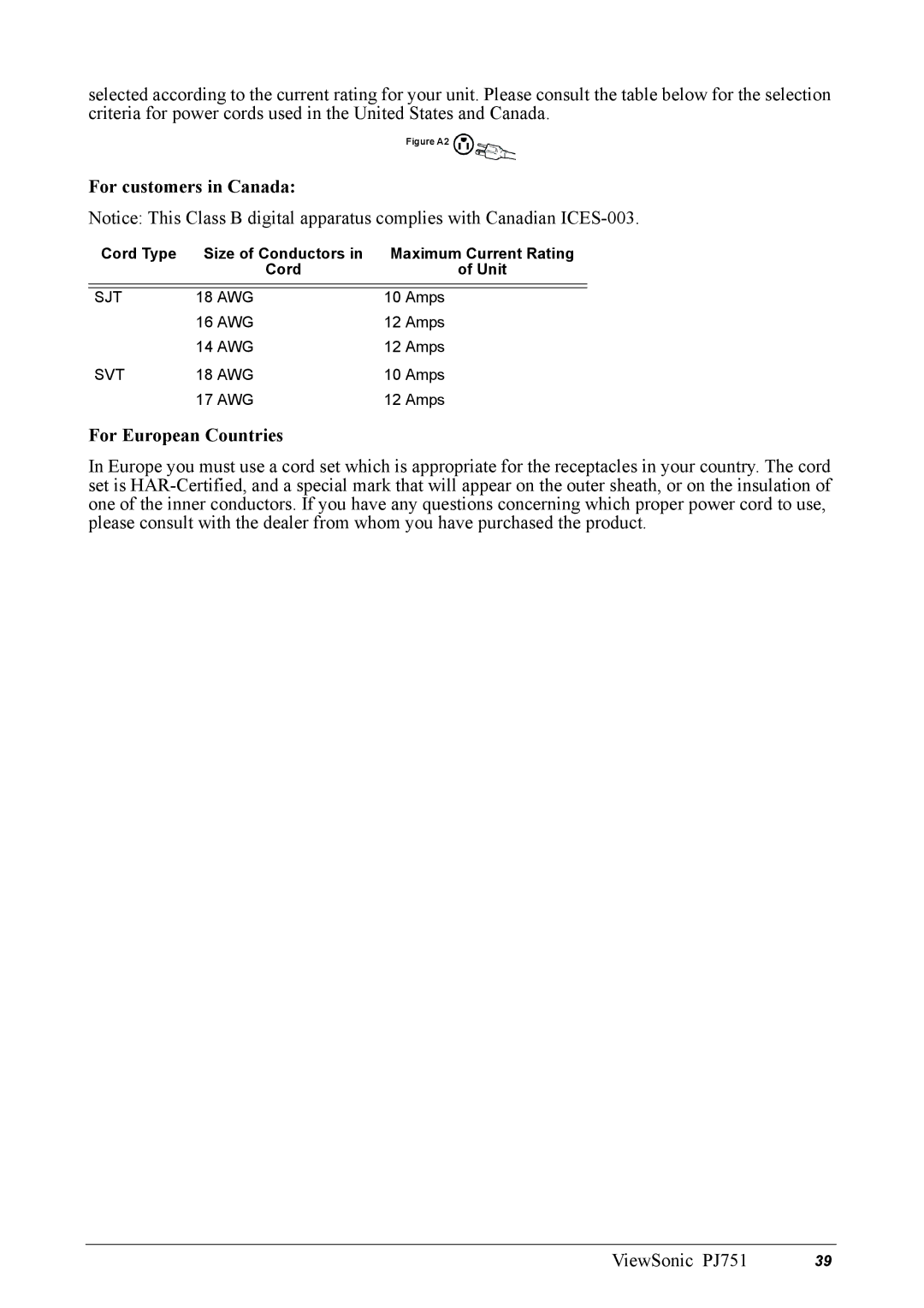 ViewSonic PJ751 manual For customers in Canada, For European Countries, Sjt, Svt 