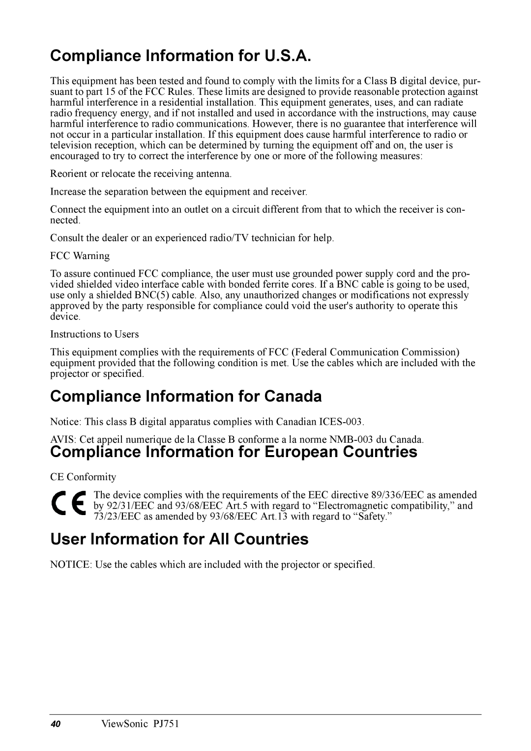 ViewSonic PJ751 Compliance Information for U.S.A, Compliance Information for Canada, User Information for All Countries 