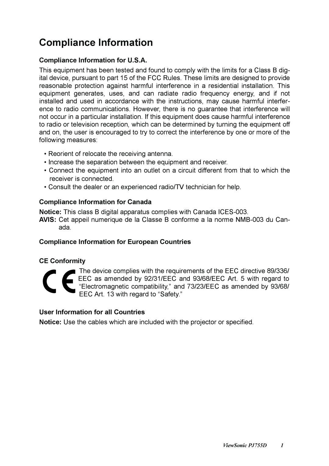 ViewSonic PJ755D manual Compliance Information for U.S.A, Compliance Information for Canada 