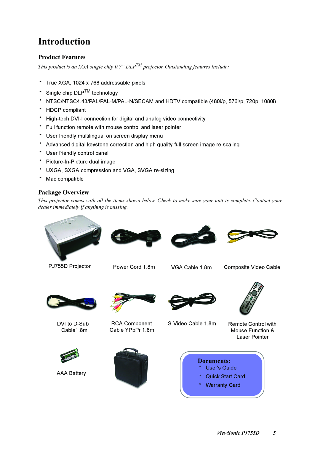 ViewSonic manual Introduction, Product Features, Package Overview, Documents, ViewSonic PJ755D 