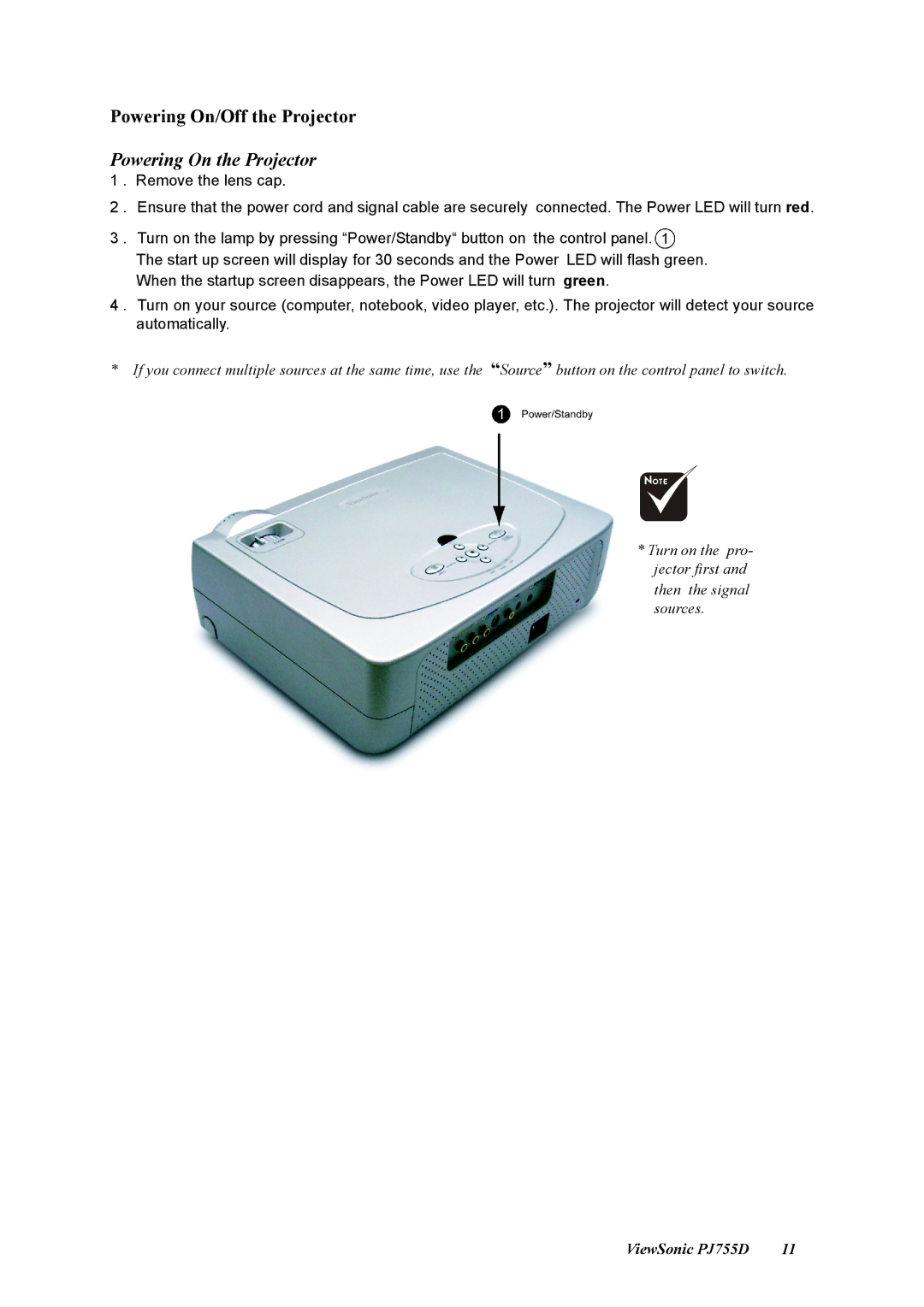 ViewSonic PJ755D manual Powering On/Off the Projector, Powering On the Projector 