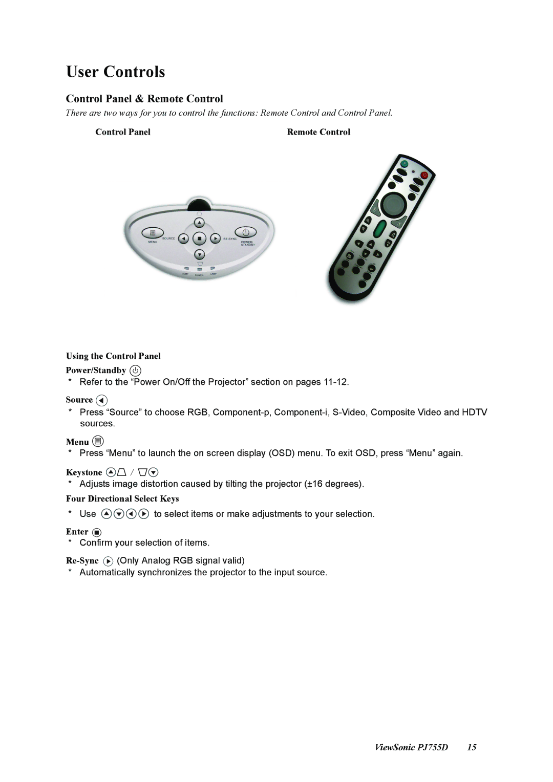 ViewSonic PJ755D manual User Controls, Control Panel & Remote Control 