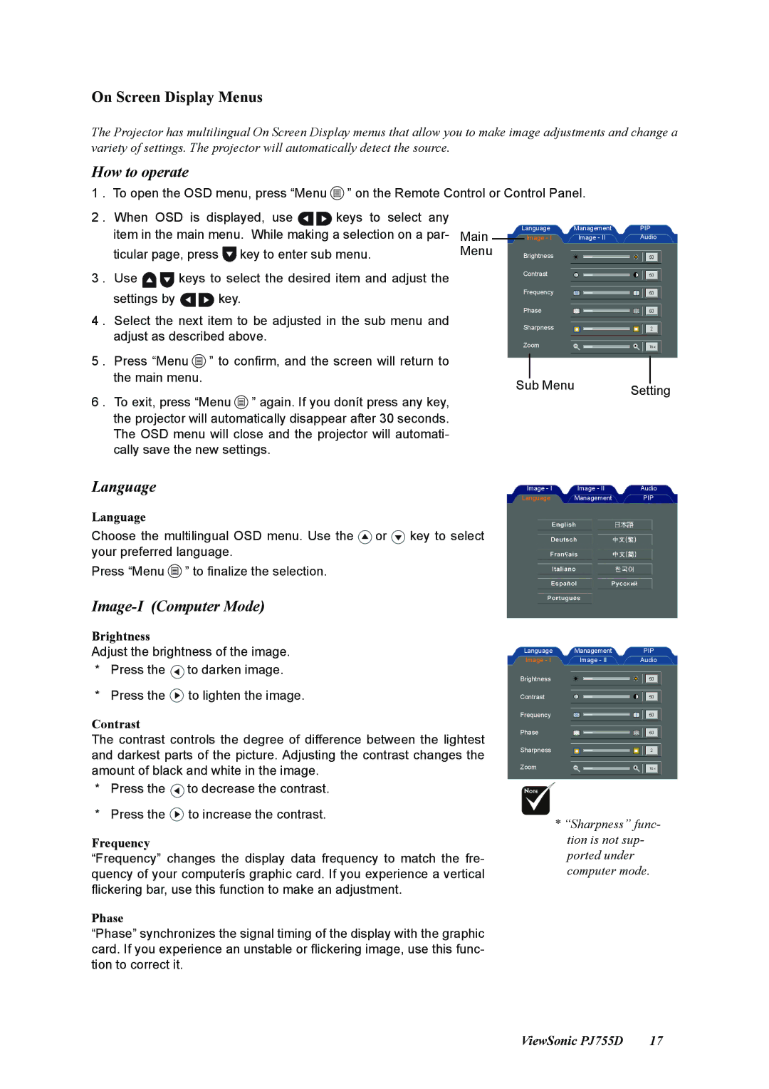 ViewSonic PJ755D manual On Screen Display Menus, How to operate, Language, Image-I Computer Mode 