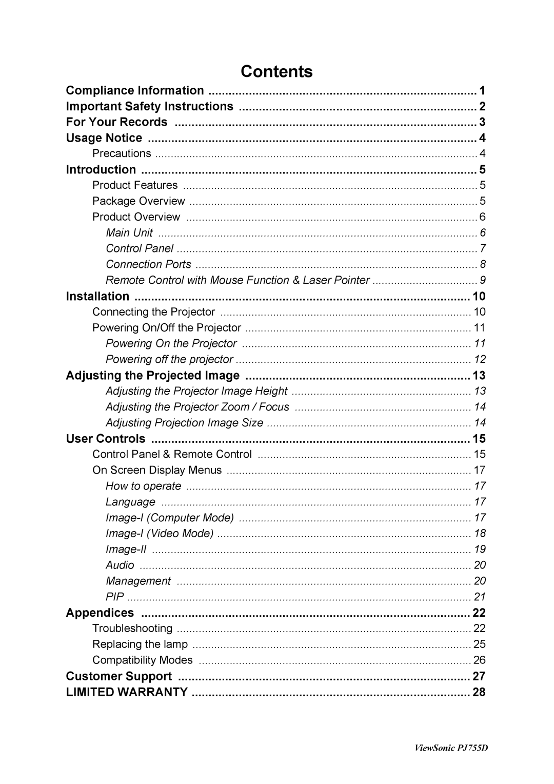 ViewSonic PJ755D manual Contents 