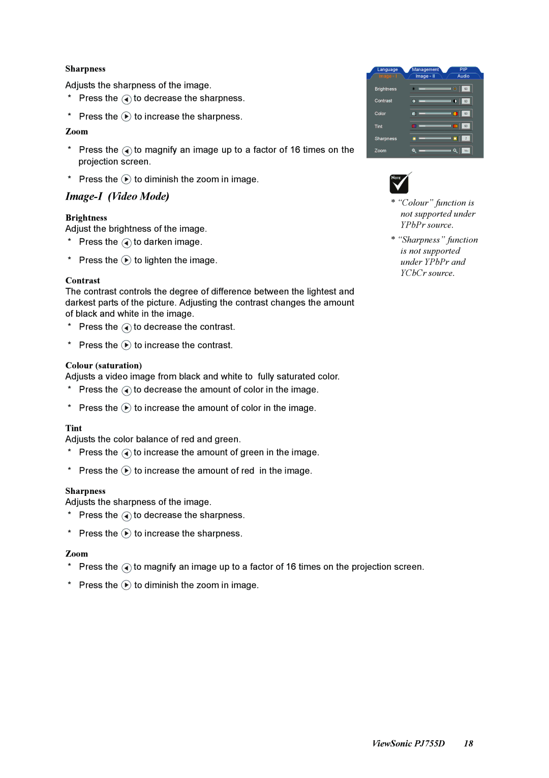 ViewSonic PJ755D manual Image-I Video Mode, Sharpness, Zoom, Colour saturation, Tint 