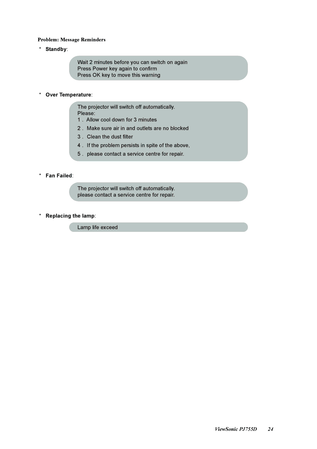 ViewSonic PJ755D manual Problem Message Reminders, Standby, Over Temperature, Fan Failed, Replacing the lamp 
