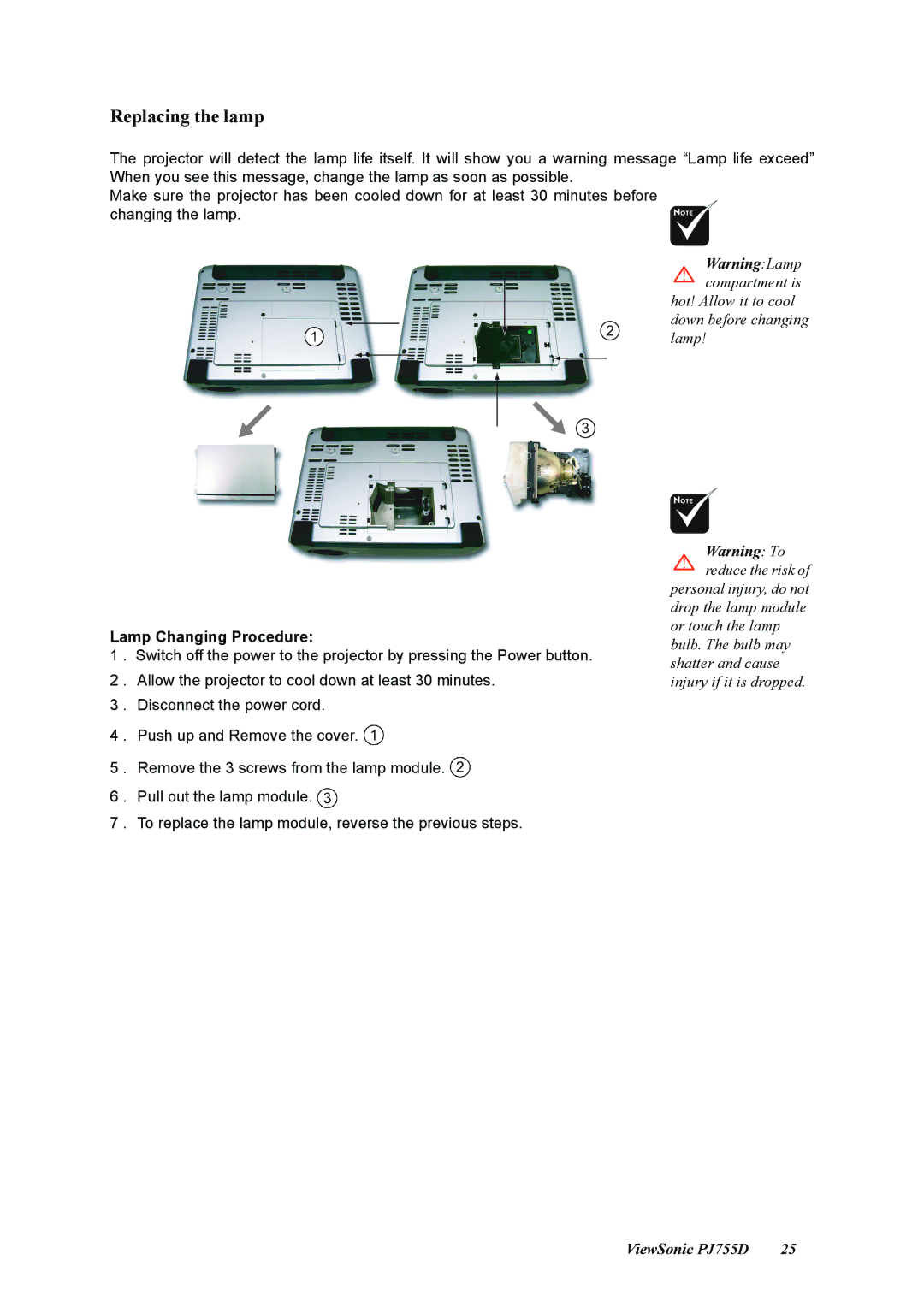 ViewSonic PJ755D manual Replacing the lamp, Lamp Changing Procedure 