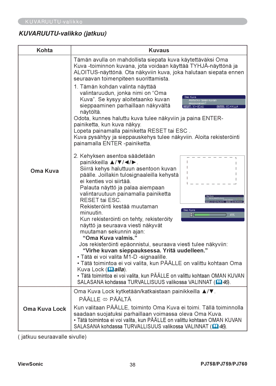 ViewSonic PJ758 manual Oma Kuva valmis, Virhe kuvan sieppauksessa. Yritä uudelleen, Oma Kuva Lock 