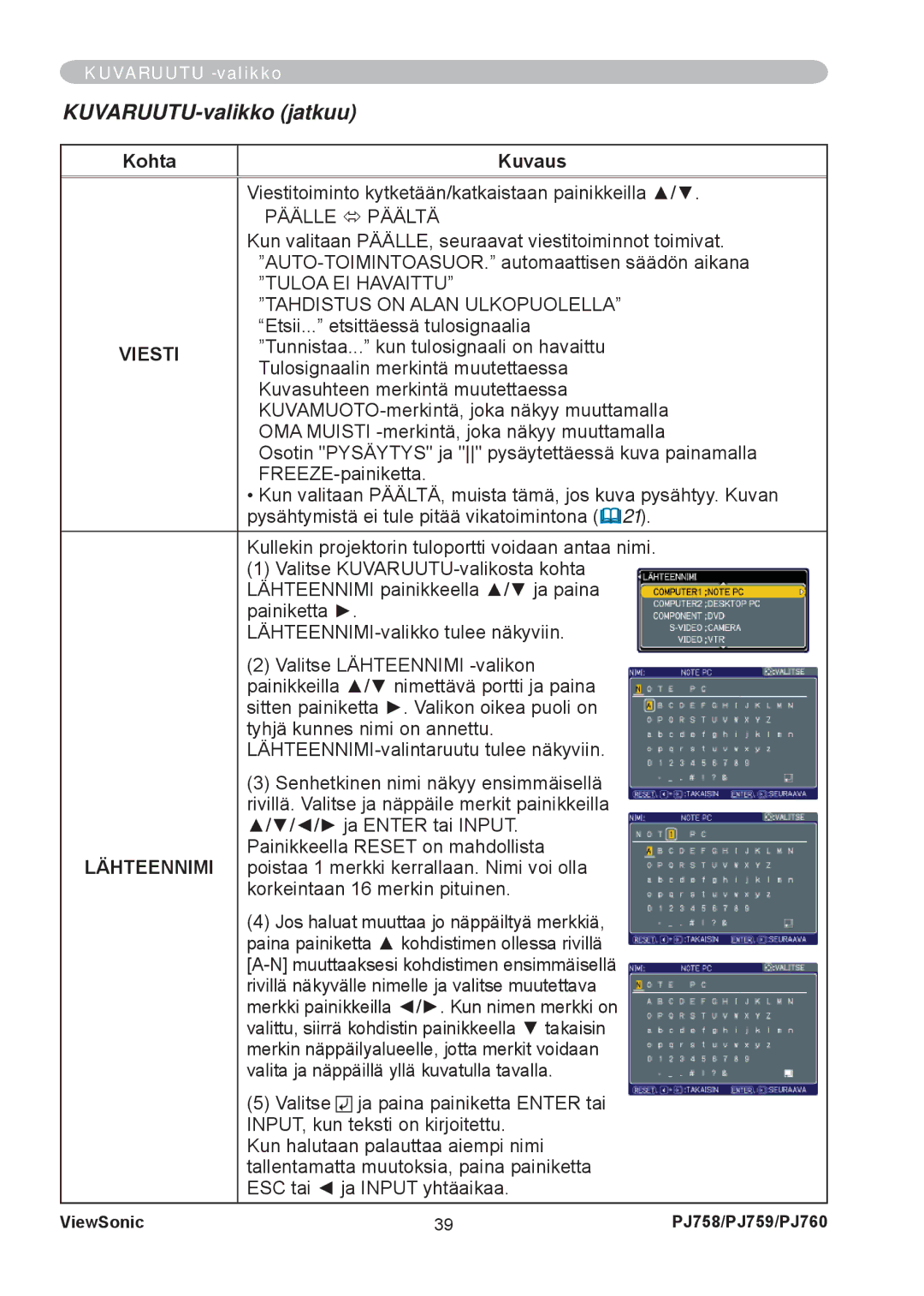 ViewSonic PJ758 manual Tuloa EI Havaittu, Tahdistus on Alan Ulkopuolella, Viesti 