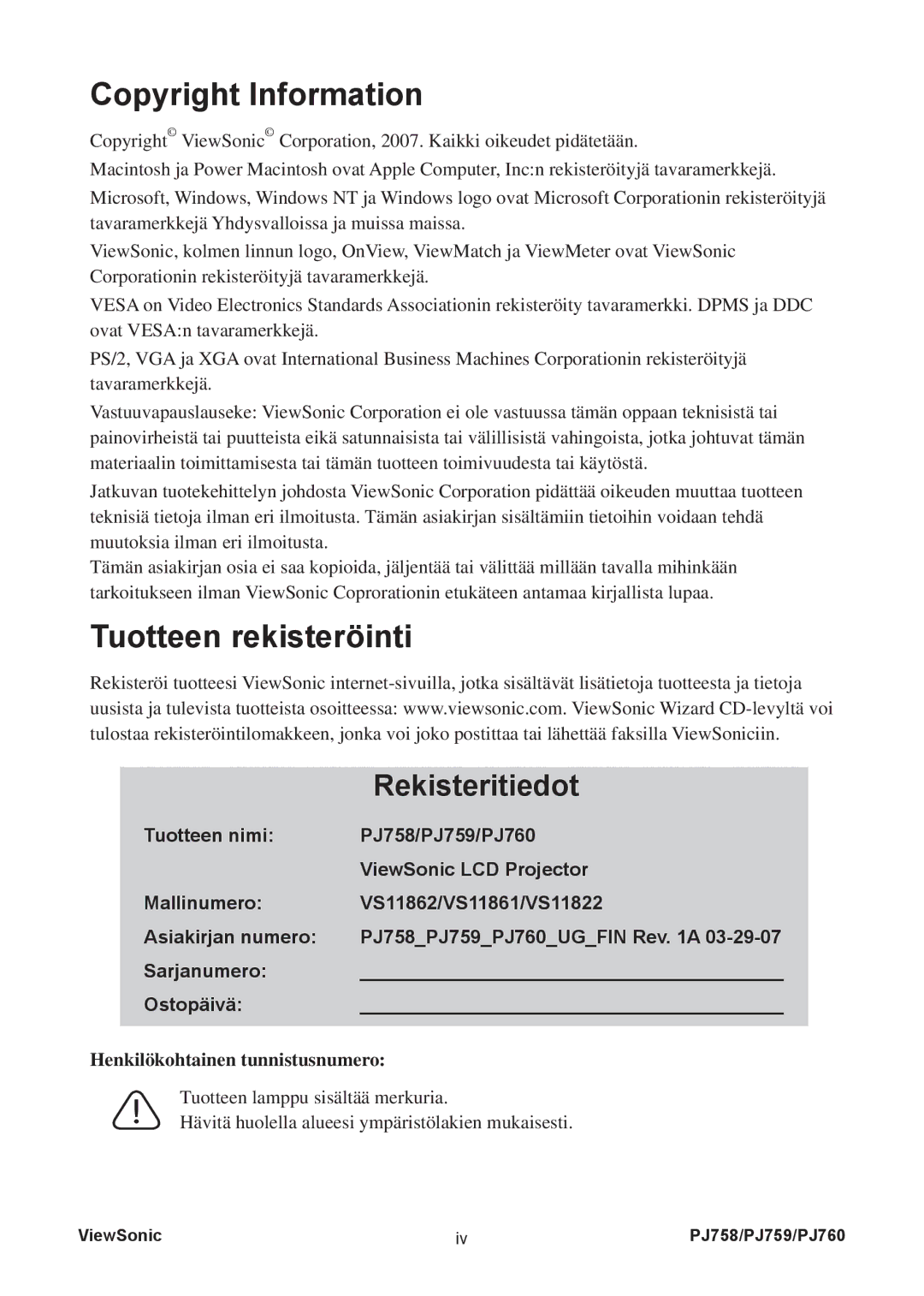 ViewSonic PJ758 manual Copyright Information 