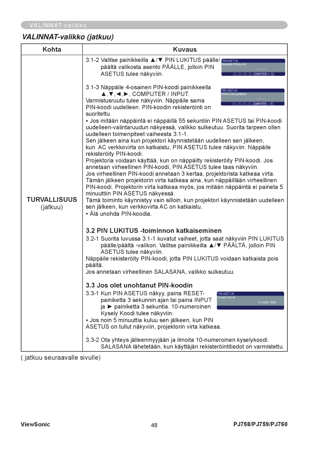 ViewSonic PJ758 manual PIN Lukitus -toiminnon katkaiseminen, Jos olet unohtanut PIN-koodin 