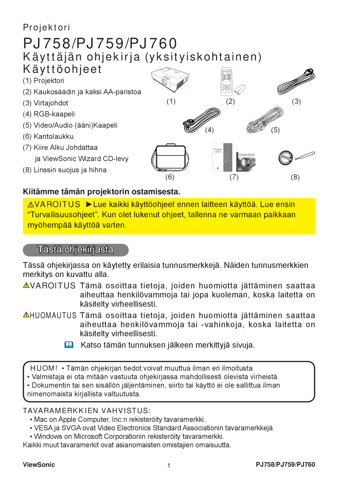 ViewSonic PJ758 manual Tästä ohjekirjasta, Kiitämme tämän projektorin ostamisesta, Tavaramerkkien Vahvistus 