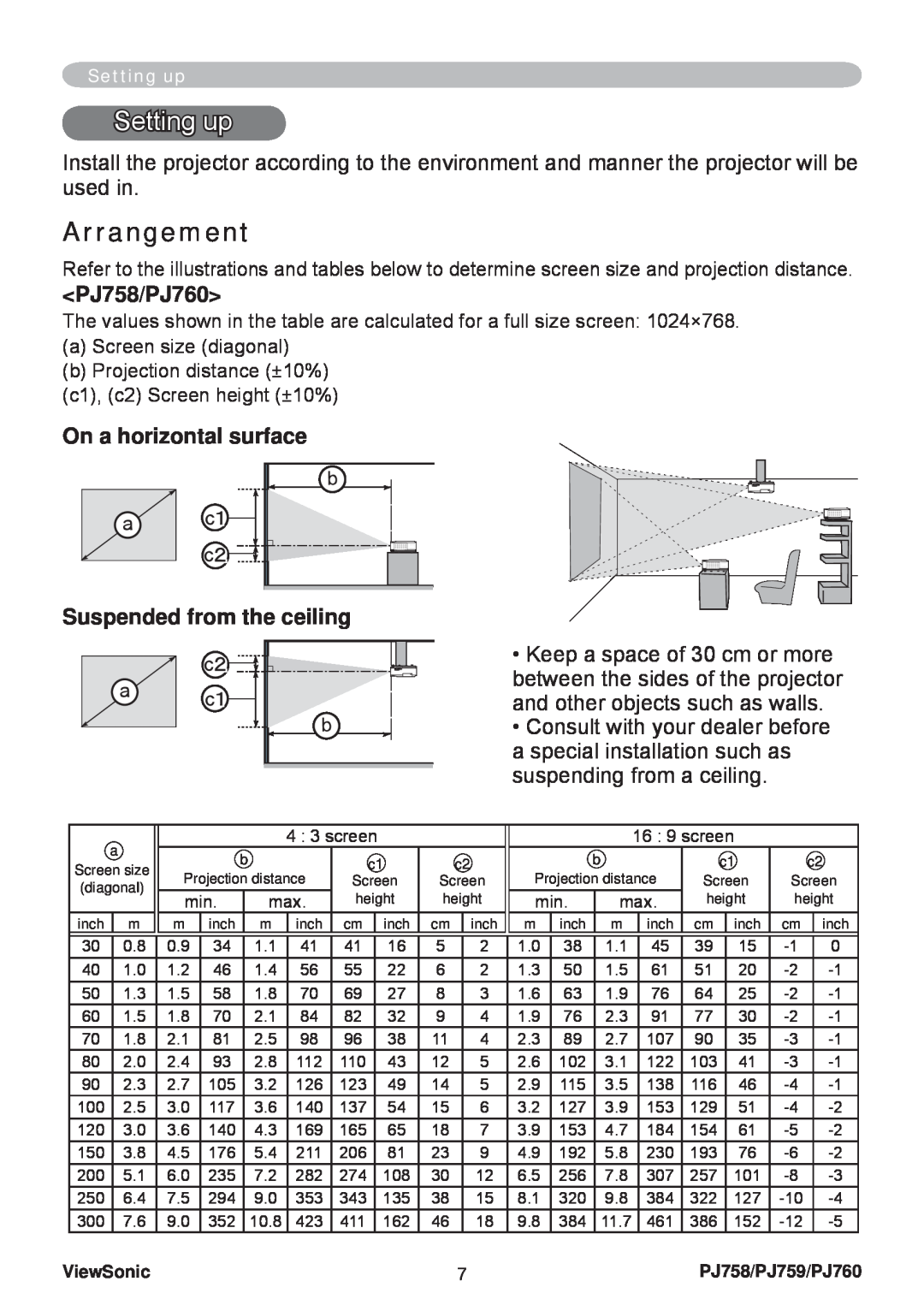 ViewSonic PJ758/PJ759/PJ760 manual Setting up, Arrangement 