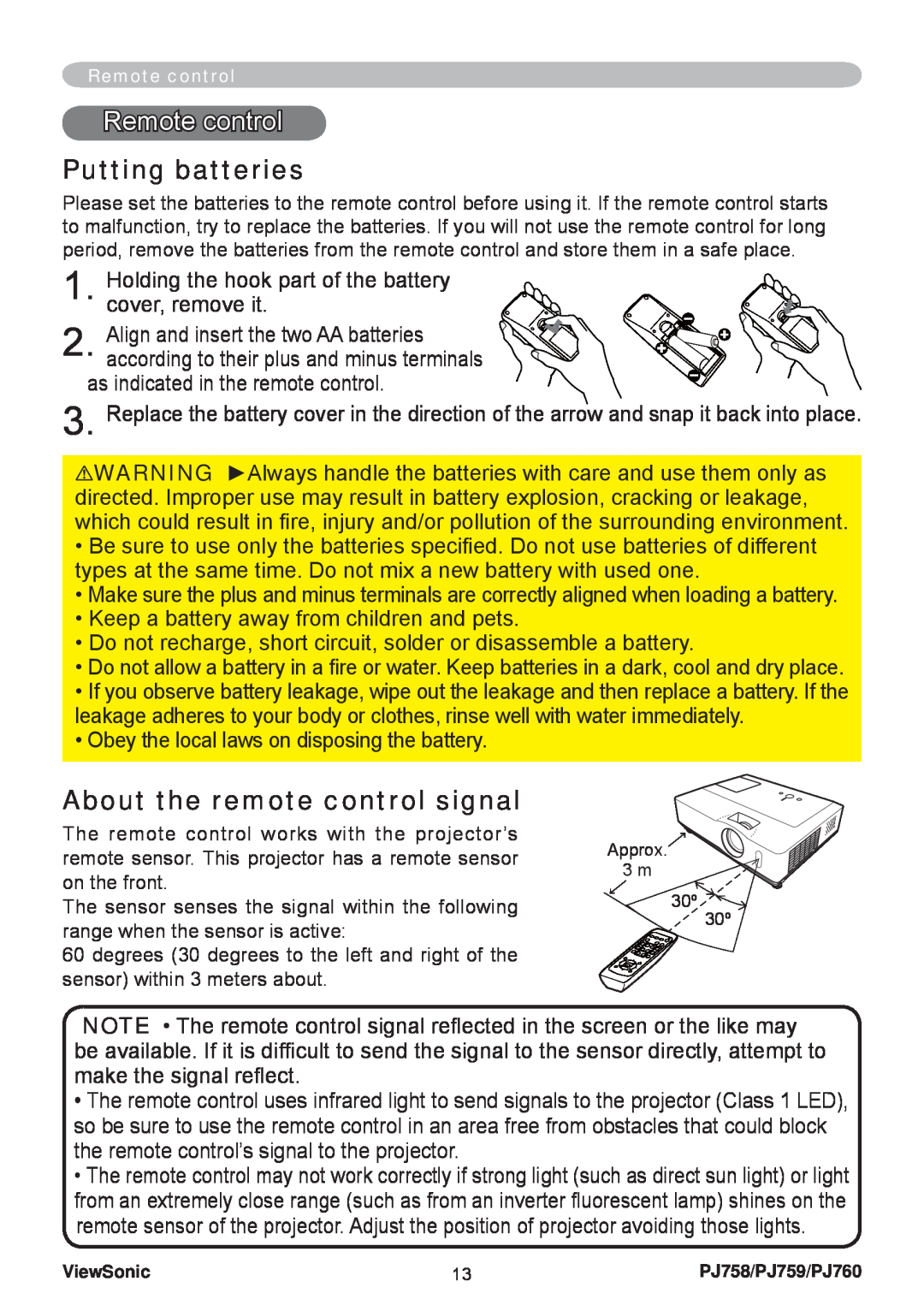 ViewSonic PJ758/PJ759/PJ760 manual Remote control, Putting batteries, About the remote control signal 