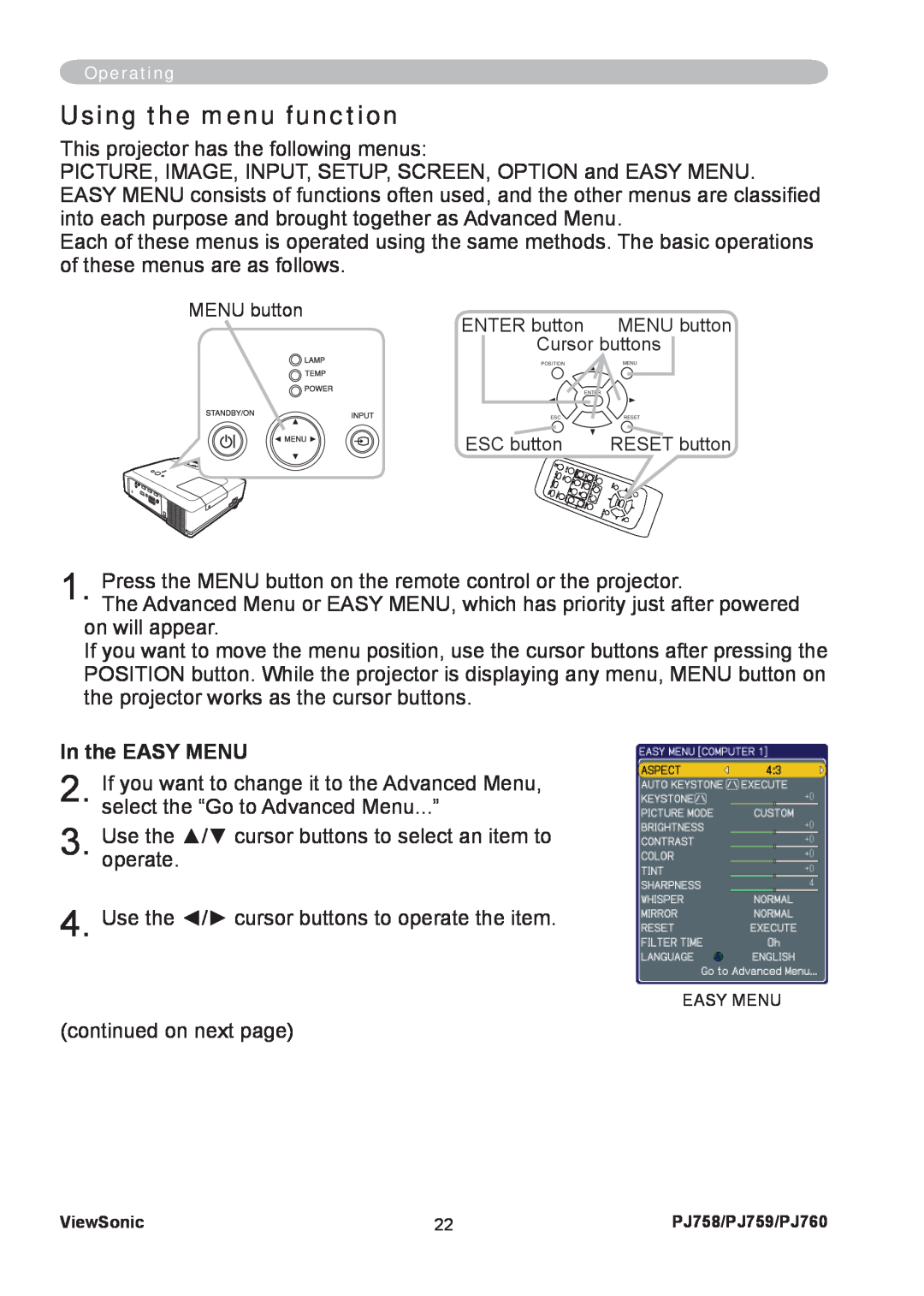 ViewSonic PJ758/PJ759/PJ760 manual Using the menu function, In the EASY MENU 