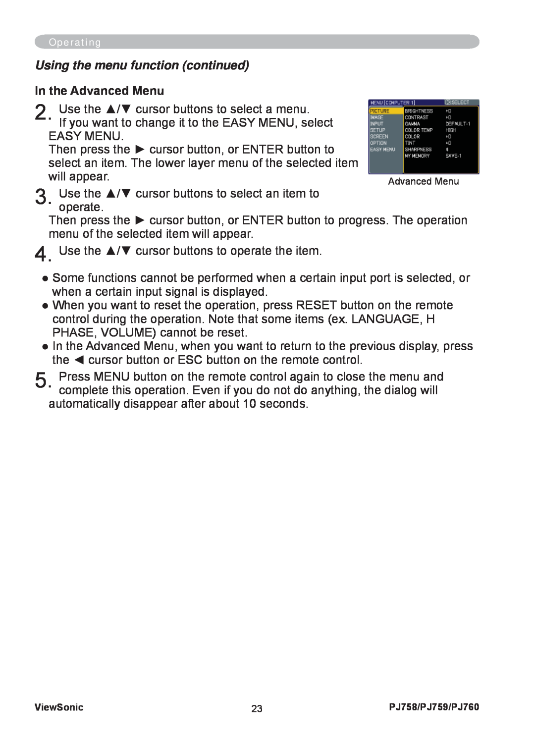 ViewSonic PJ758/PJ759/PJ760 manual Using the menu function continued, In the Advanced Menu 
