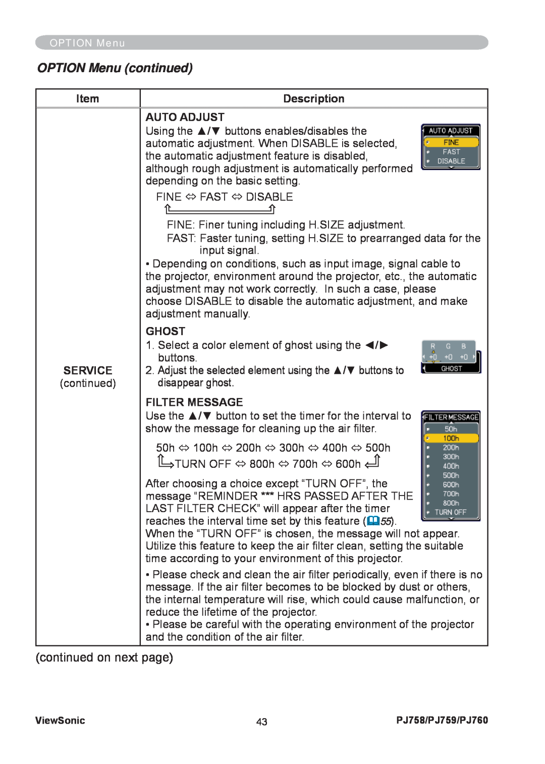 ViewSonic PJ758/PJ759/PJ760 manual OPTION Menu continued, Description, Auto Adjust, Ghost, Service, Filter Message 