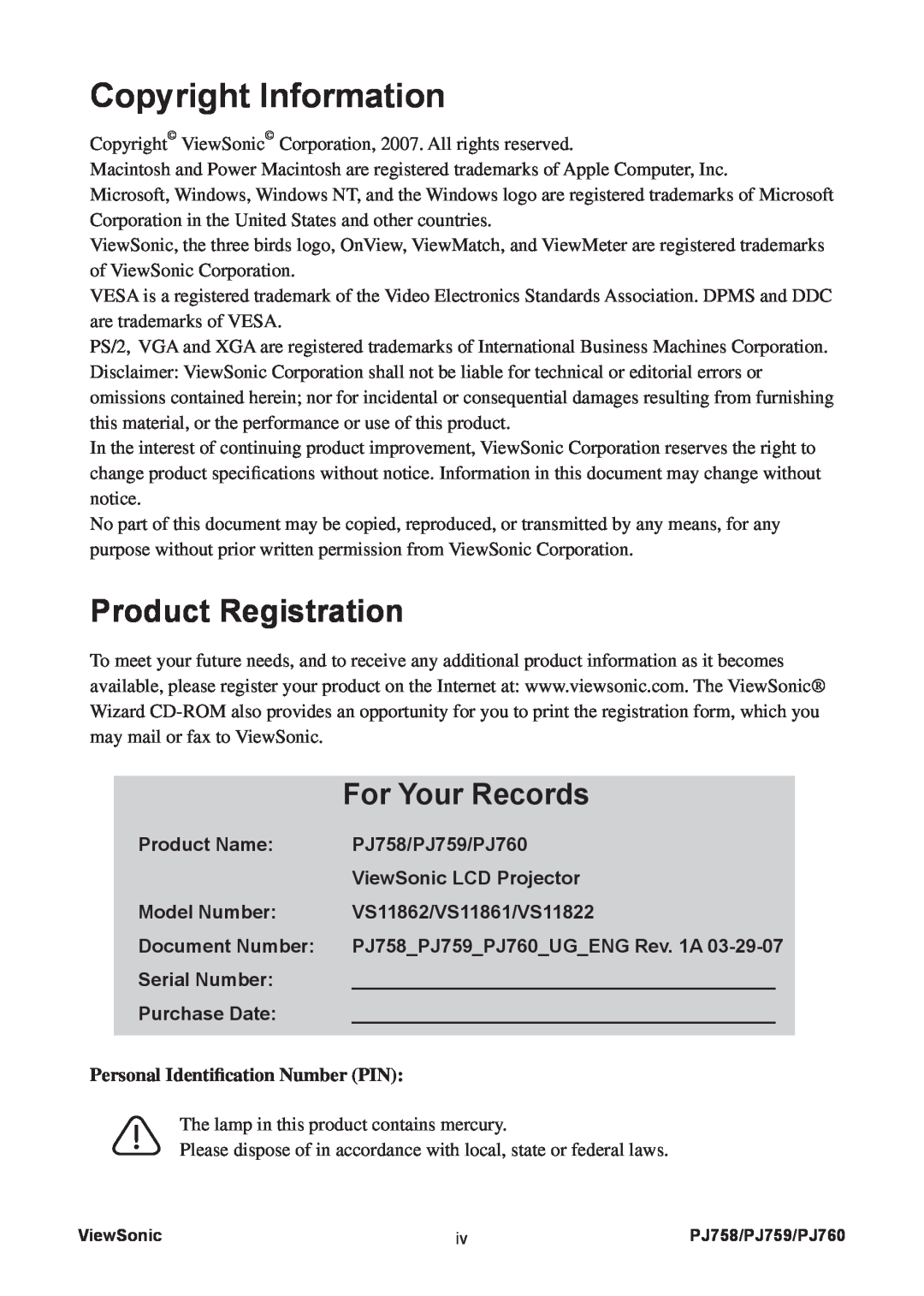 ViewSonic PJ758/PJ759/PJ760 Product Registration, For Your Records, Copyright Information, Product Name, Model Number 