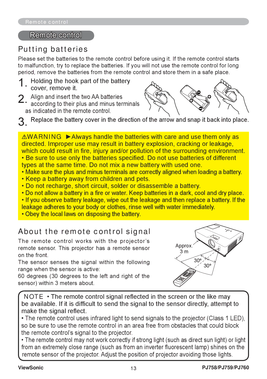 ViewSonic PJ758/PJ759/PJ760 manual Remote control, Putting batteries, About the remote control signal 