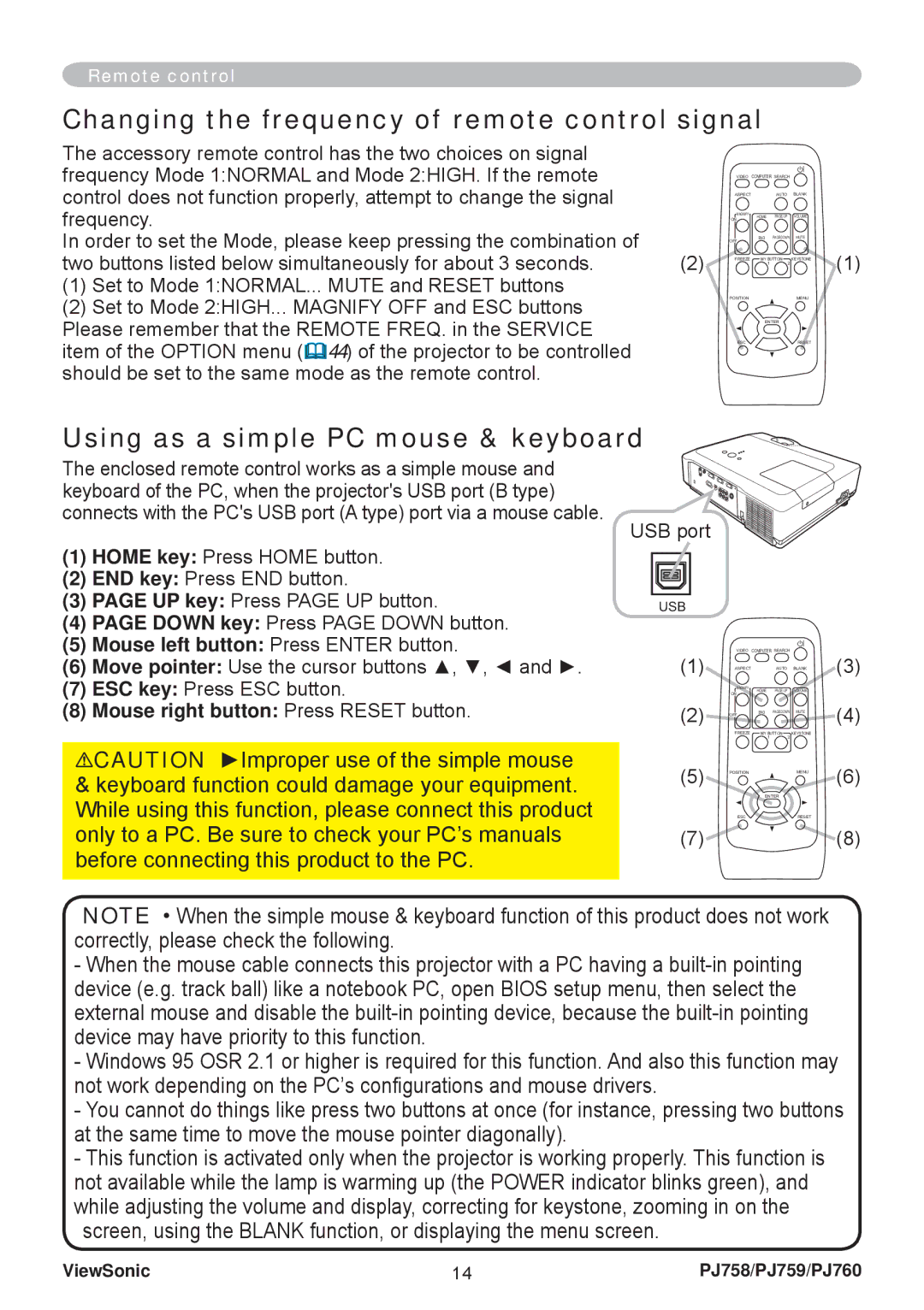 ViewSonic PJ758/PJ759/PJ760 manual Changing the frequency of remote control signal, Using as a simple PC mouse & keyboard 