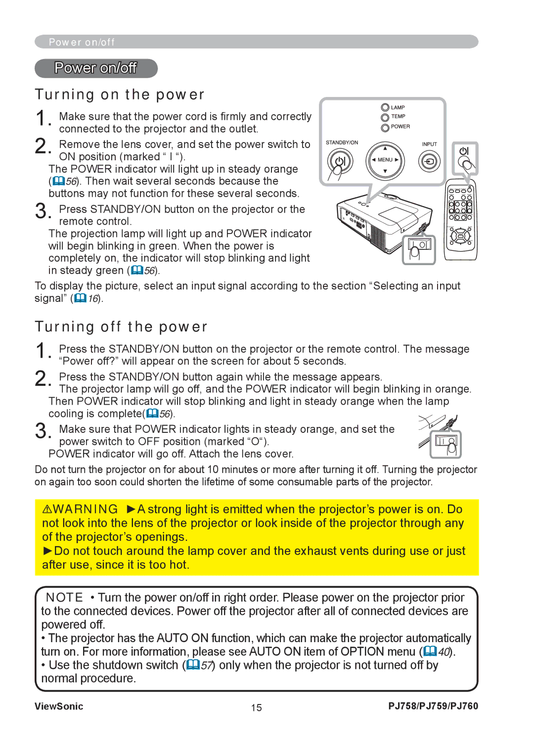 ViewSonic PJ758/PJ759/PJ760 manual Power on/off, Turning on the power, Turning off the power 