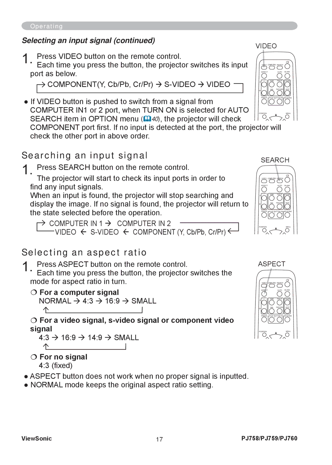ViewSonic PJ758/PJ759/PJ760 manual Searching an input signal, Selecting an aspect ratio, Selecting an input signal 