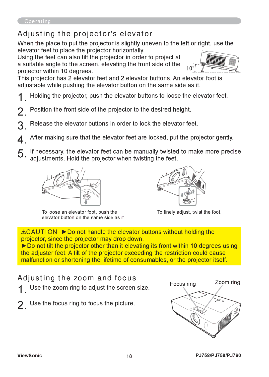 ViewSonic PJ758/PJ759/PJ760 manual Adjusting the projectors elevator, Adjusting the zoom and focus 