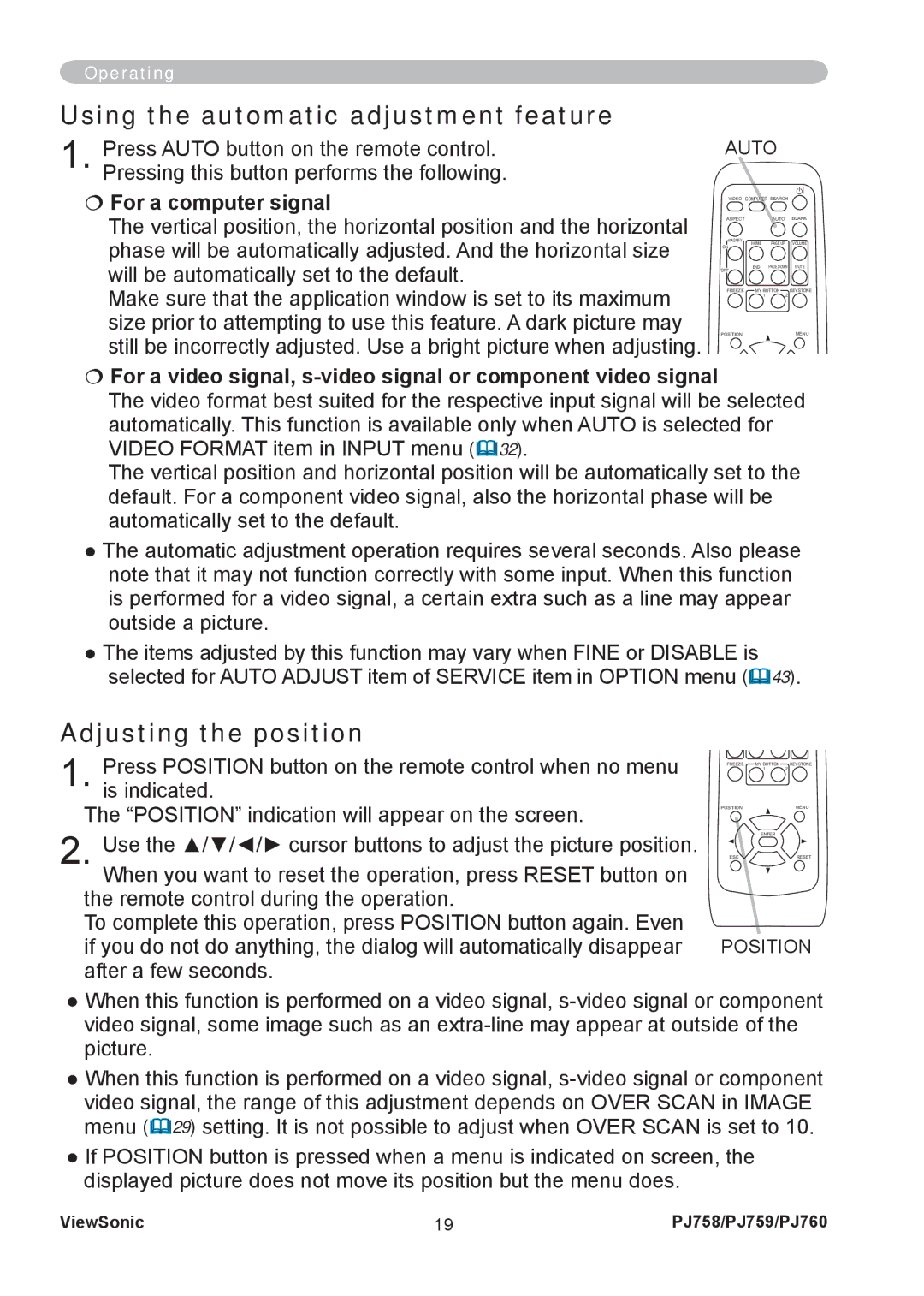 ViewSonic PJ758/PJ759/PJ760 manual Using the automatic adjustment feature, Adjusting the position, Auto, Position 