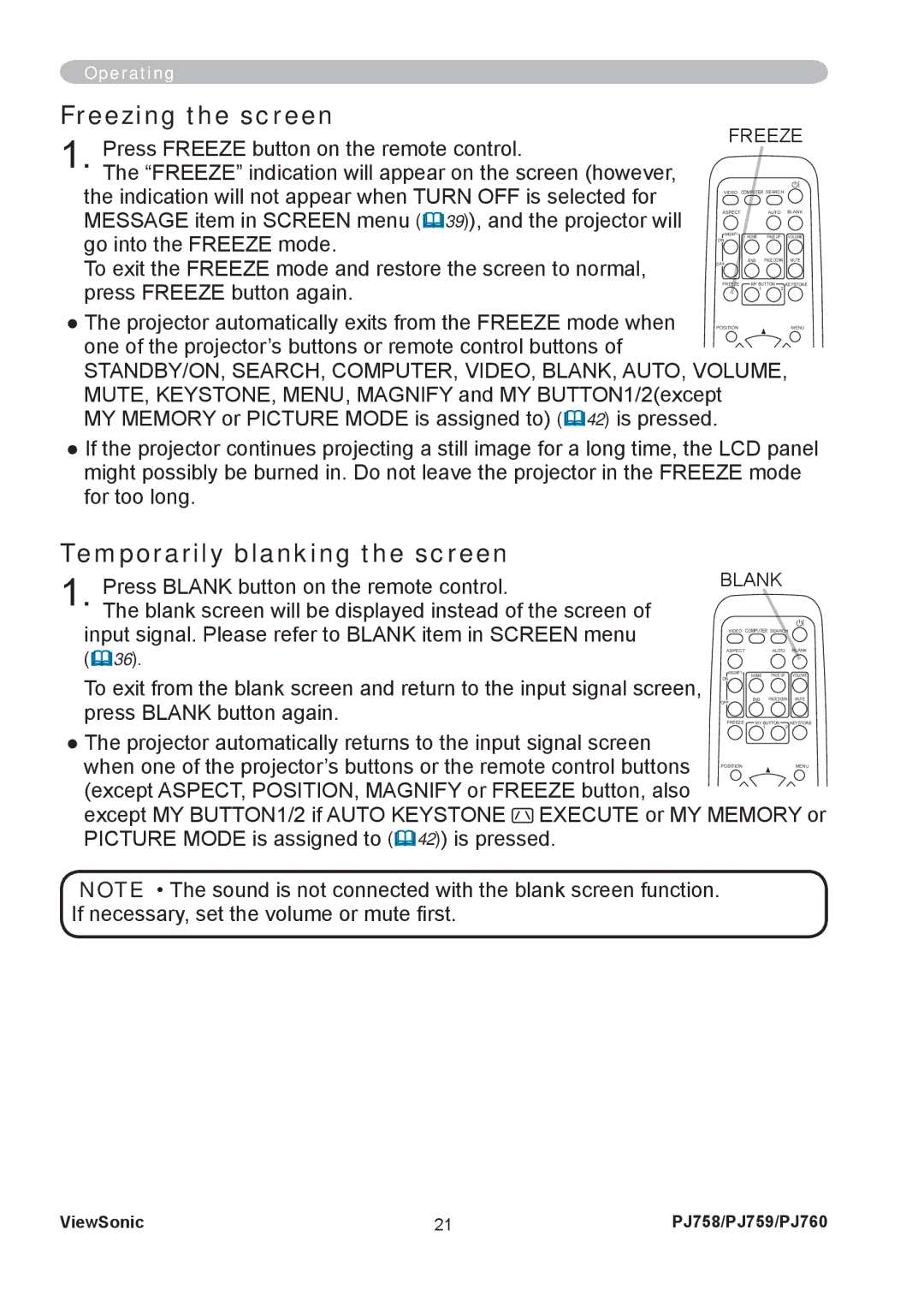 ViewSonic PJ758/PJ759/PJ760 manual Freezing the screen, Temporarily blanking the screen, Freeze, Blank 